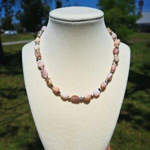 Pink Opal, Dalmatian Jasper Necklace ~ Hanecrafted Jewelry